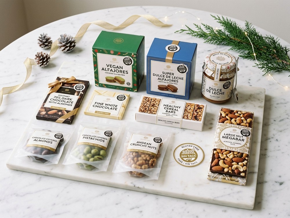 Maletín Libre de Gluten Sin TACC de Navidad Dedicar con alfajores veganos, frutos secos, tabletas de chocolate y dulce de leche