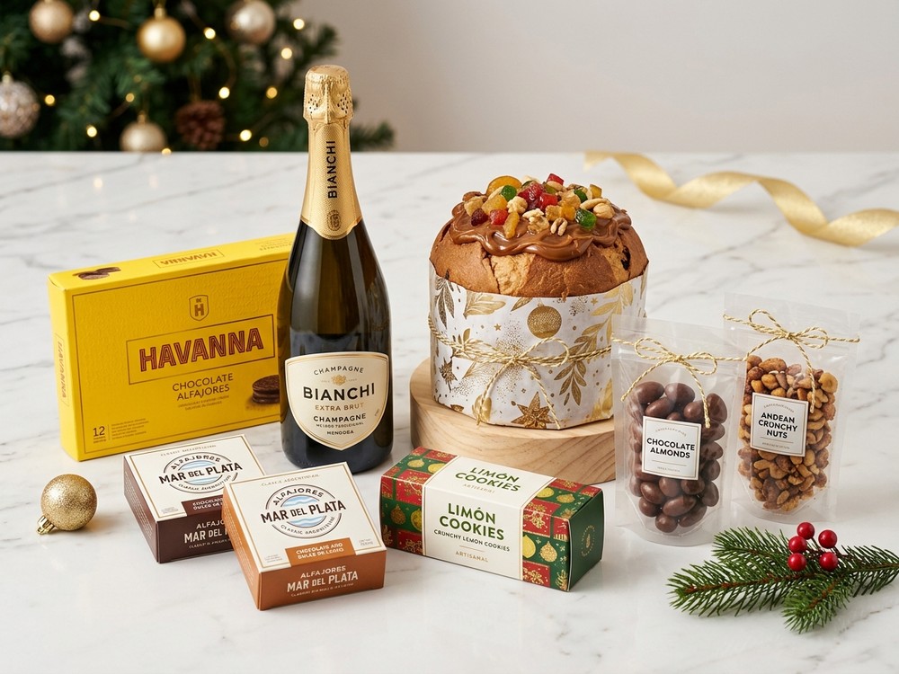 Maletín MIX 1 de Navidad Dedicar con alfajores Havanna y Mar del Plata, pan dulce con dulce de leche y Bianchi Extra Brut
