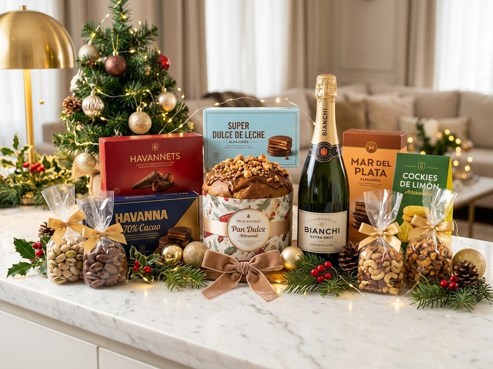 Maletín MIX 2 de Navidad Dedicar con alfajores, Havannets, frutos secos, pan dulce y Bianchi Extra Brut