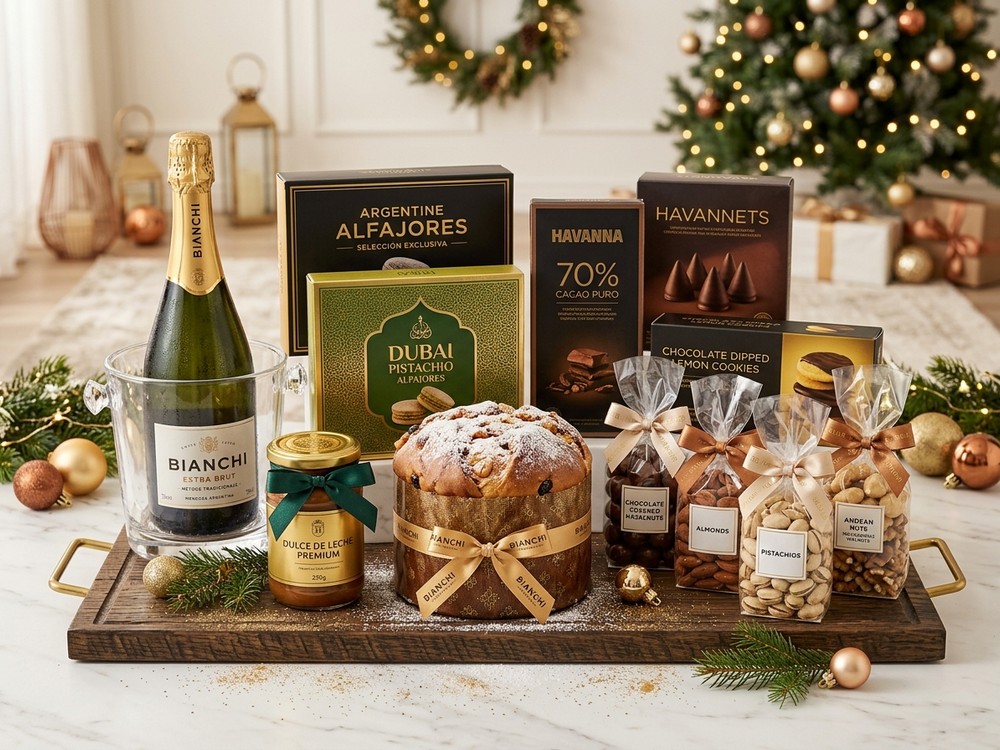 Maletín MIX 3 de Navidad Dedicar edición premium con variedad de alfajores Dubai, Havannets, frutos secos, dulce de leche, pan dulce y espumante Bianchi